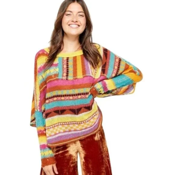 NWOT Free People Bright Multicolored Light Weight Knit Sweater Poncho - Picture 9 of 11